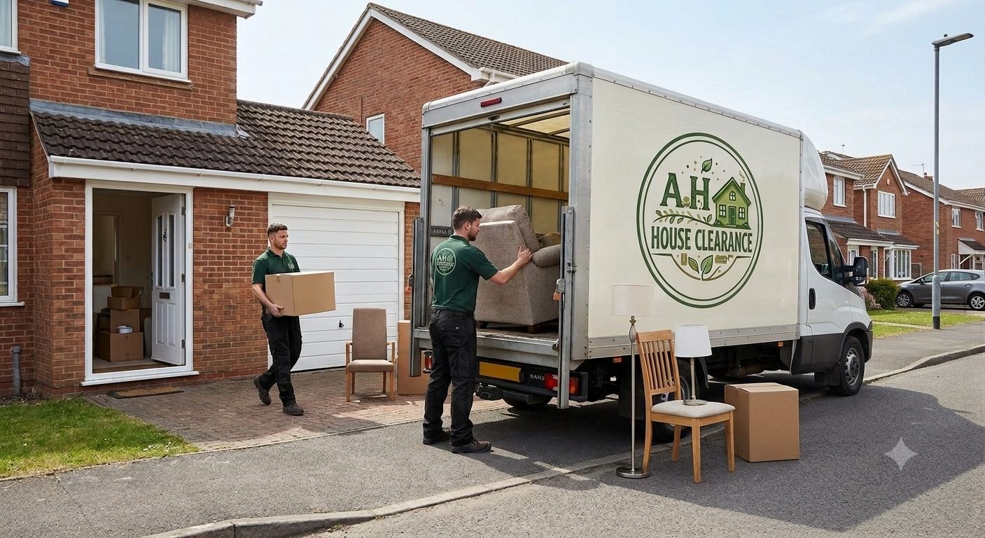 AH Clearance staff loading a sofa, chairs, boxes and lamps into a branded AH House Clearance van outside a house